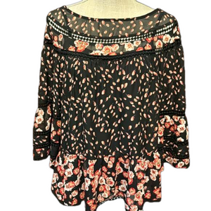 Fever Boho Floral Blouse with Lace Detail and Bell Cuffs